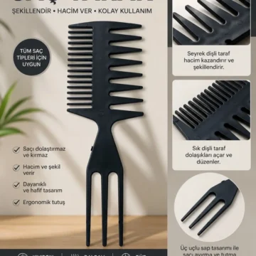 Çift Taraflı Saç Tarağı Afro Tarak Hacim Verici Geniş ve Sık Dişli Profesyonel Saç Şekillendirici