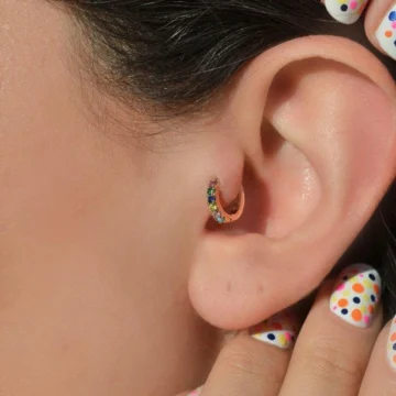 Çok Renkli Halka Tragus Piercing Helix Kıkırdak Küpesi Gümüş Renkli