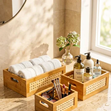 Deco Küçük - 3'lü Bambu Sepet Çok Amaçlı Düzenleyici Banyo Mutfak Sepeti Organizeri Banyo Seti