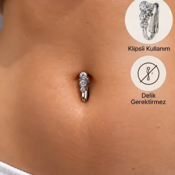 DELİK GEREKTİRMEYEN ( DELİKSİZ) TAŞLI ZARİF SADE SALLANTISIZ KLİPSLİ FAKE GÖBEK PİERCİNGİ