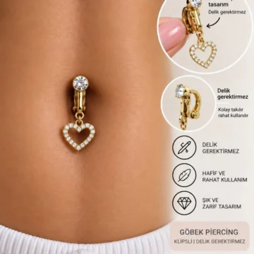 delik gerektirmeyen sallantılı taşlı sahte göbek piercingi