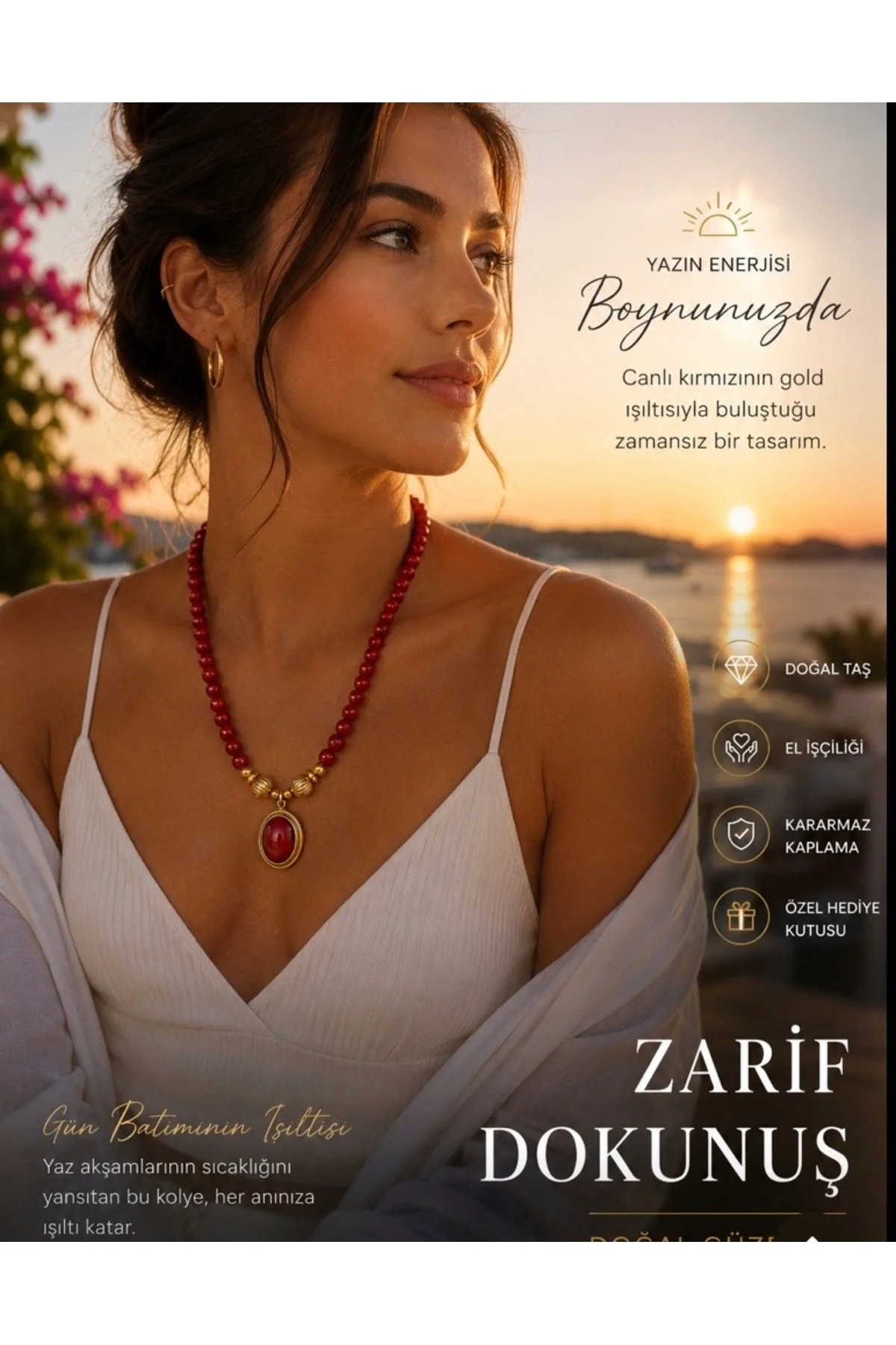 Doğal Taş Kırmızı Mercan Kolye Altın Kaplama Çerçeveli Özel Tasarım Kadın Kolye Anne Sevgili Hediye Kutulu - Görsel 4