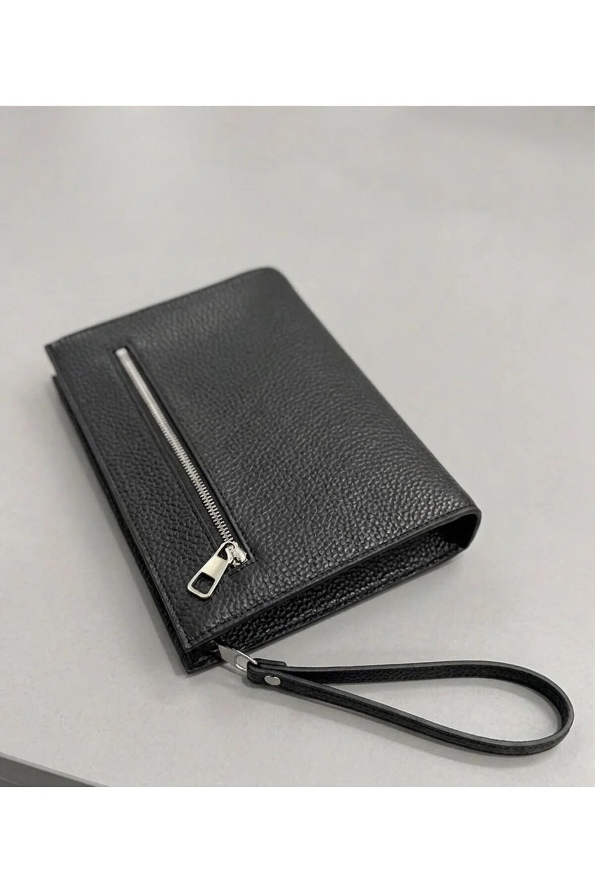 Erkek El Çantası Çift Fermuarlı Suni Deri Organizer Portföy Clutch Çanta-Siyah - Görsel 3