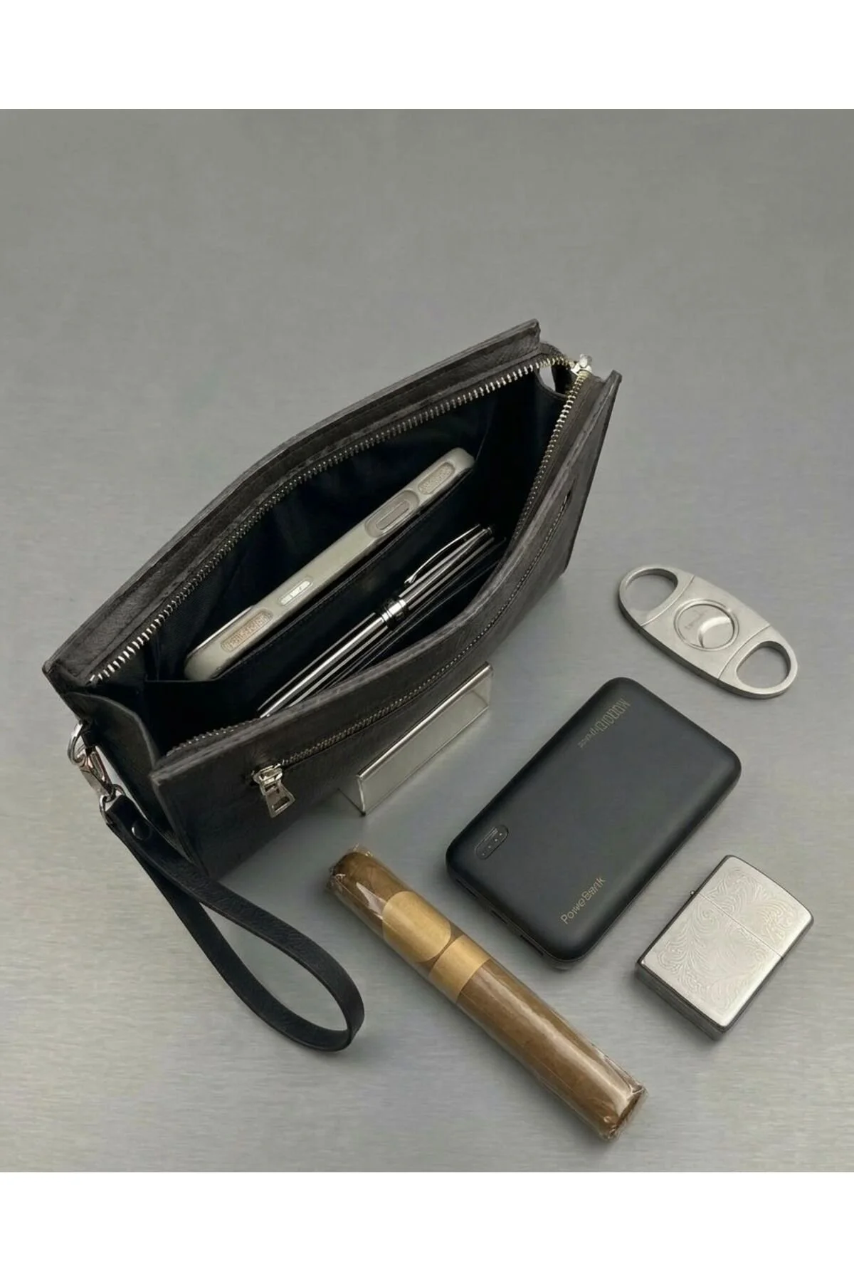 Erkek El Çantası Çift Fermuarlı Suni Deri Organizer Portföy Clutch Çanta-Siyah - Görsel 4