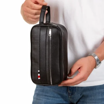 Erkek Siyah Deri Portföy Clutch Traş Kozmetik Bakım Ve Günlük El Çantası