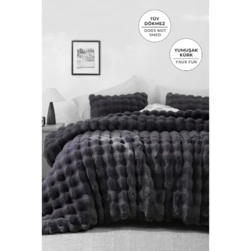 Evlen Home Collection Kürk Tavşan Tüyü Yatak Örtüsü 3 Parça Set Antrasit Peluş Yumuşak