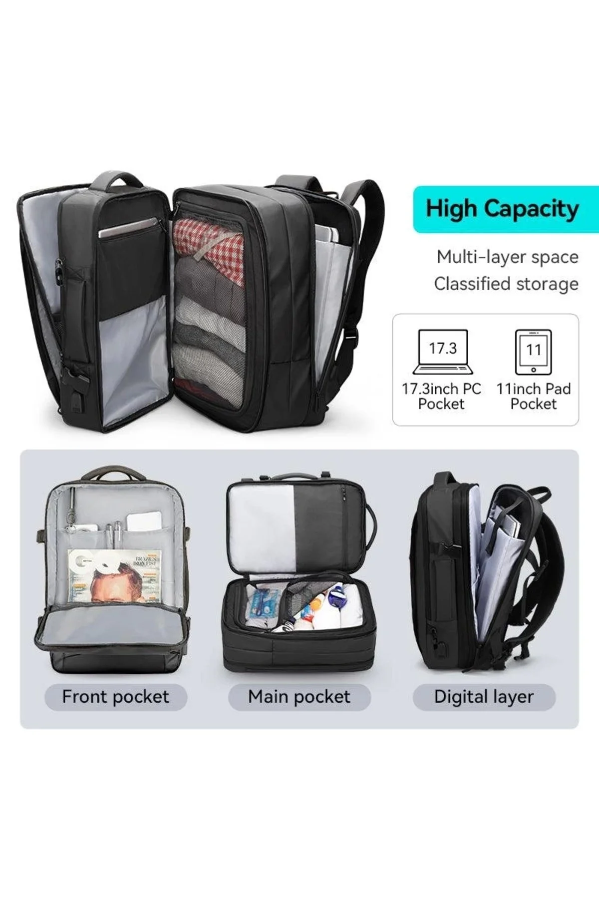 Expandos Laptop Sırt Çantası Genişletilebilir İç Hacim Şarj Kiti Yağmurluk MR9299_YY00 - Görsel 7