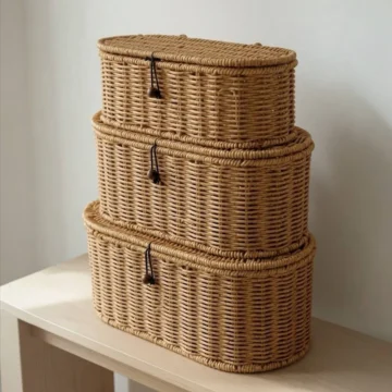 Favorite 9239 3 Boy Hasır Kapaklı Sepet Kapağı Kilitli Oval Form Rattan Çok Amaçlı Düzenleyici Sepet