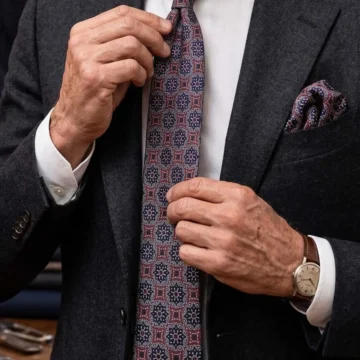 Füme - Bordo Motif Desen Mendilli Klasik Kravat KK12677