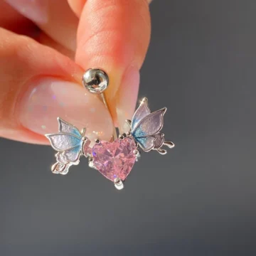Göbek Çelik Piercing Yarasa Figürlü Kelebekli Pembe Zirkon Taşlı Kalpli Model