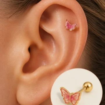 Gold Çelik Pembe Kelebek Helix Piercing Kıkırdak Lob