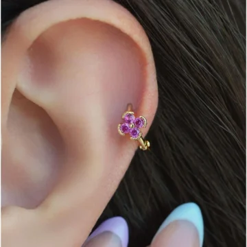 Gold Halka Fuşya Pembesi Mini Çiçekli Tragus Piercing Helix Kıkırdak Lob