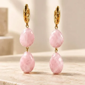 Gold Pembe İkili Damla Taşlı Sallantılı Küpe - Romantik Halka Takı