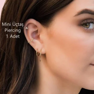 Gold Renkli Mini Üçtaşlı Zirkon Piercing Helix Kıkırdak Lob Conch