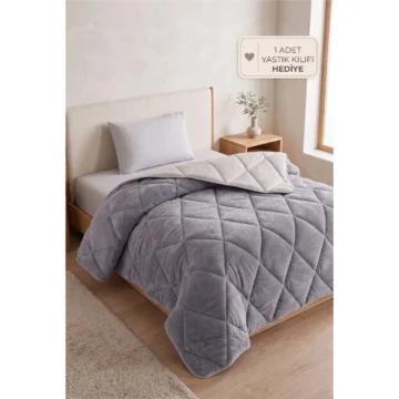 Gri Wellsoft Tek Kişilik Yorgan 155x215 cm Çift Taraflı Yastık Kılıfı