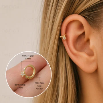 Gümüş Renk Cerrahi Çelik Yıldız Modelli Halka Tragus Piercing Helix Lob Kıkırdak