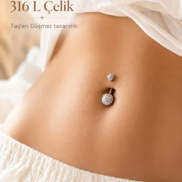 Gümüş Renk Işıltılı Top Çelik Göbek Piercing