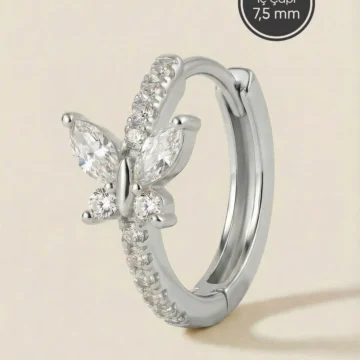 Gümüş Renkli Cerrahi Çelik Kelebek Figürlü Zirkon Taşlı Halka Piercing – Helix, Kıkırdak, Lobe