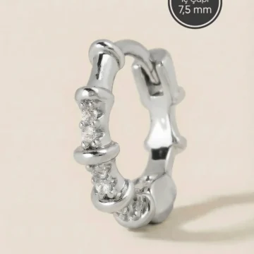 Gümüş Renkli Cerrahi Çelik Taşlı Bambu Formlu Halka Piercing – Helix, Tragus, Kıkırdak, Lobe