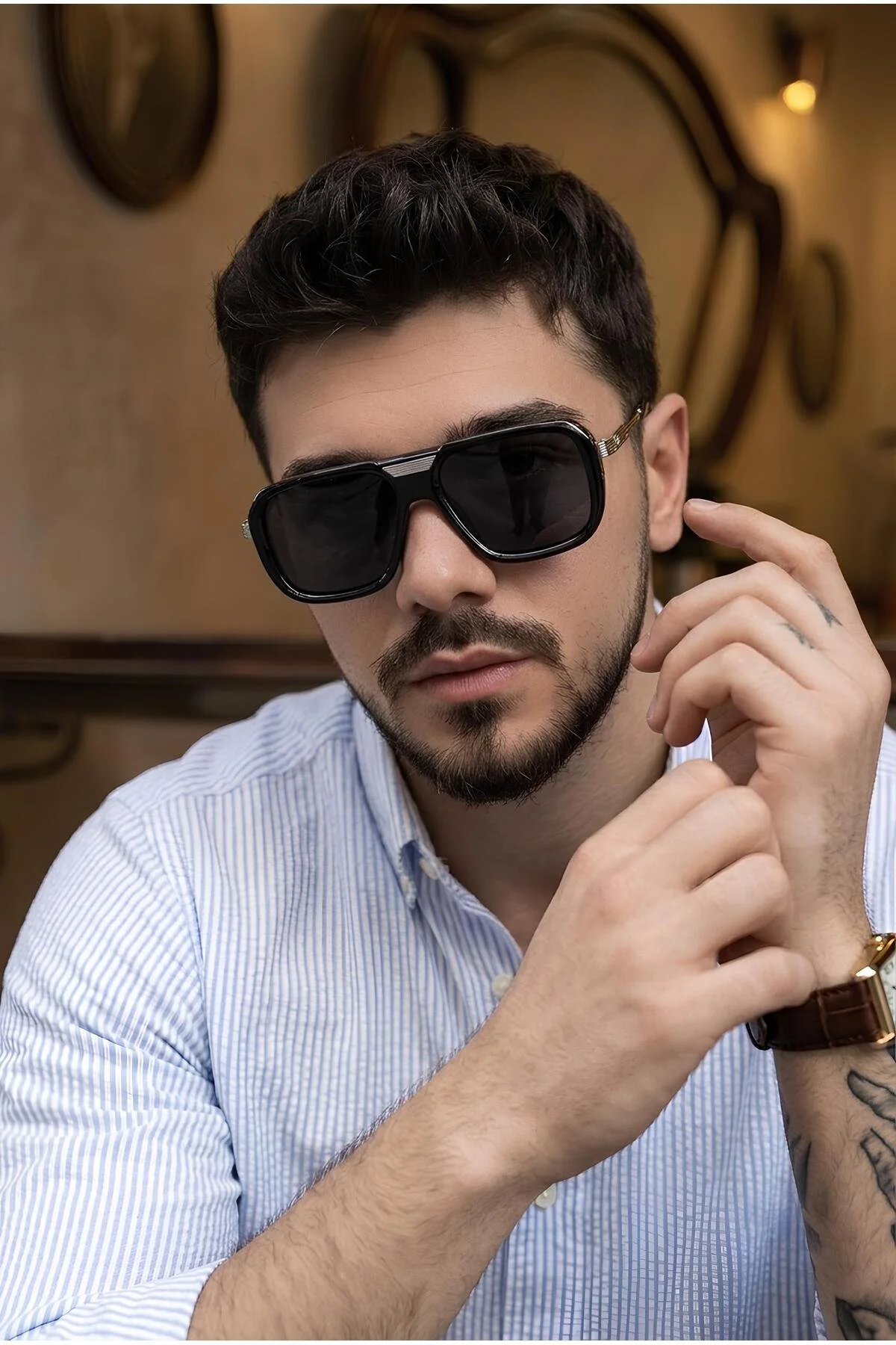 Güneş Gözlüğü Erkek Uv400 Cam Ce Belgeli Gold Siyah