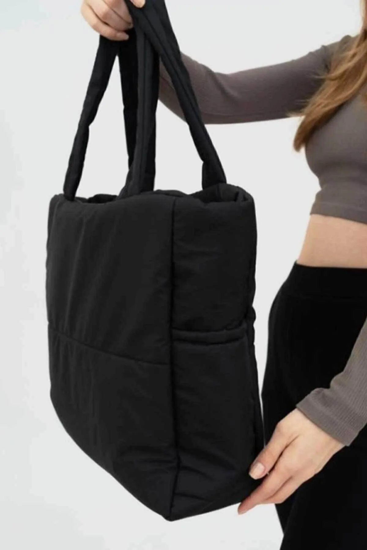Haki Renk Kabartmalı Puf Kumaş Shopper Çanta