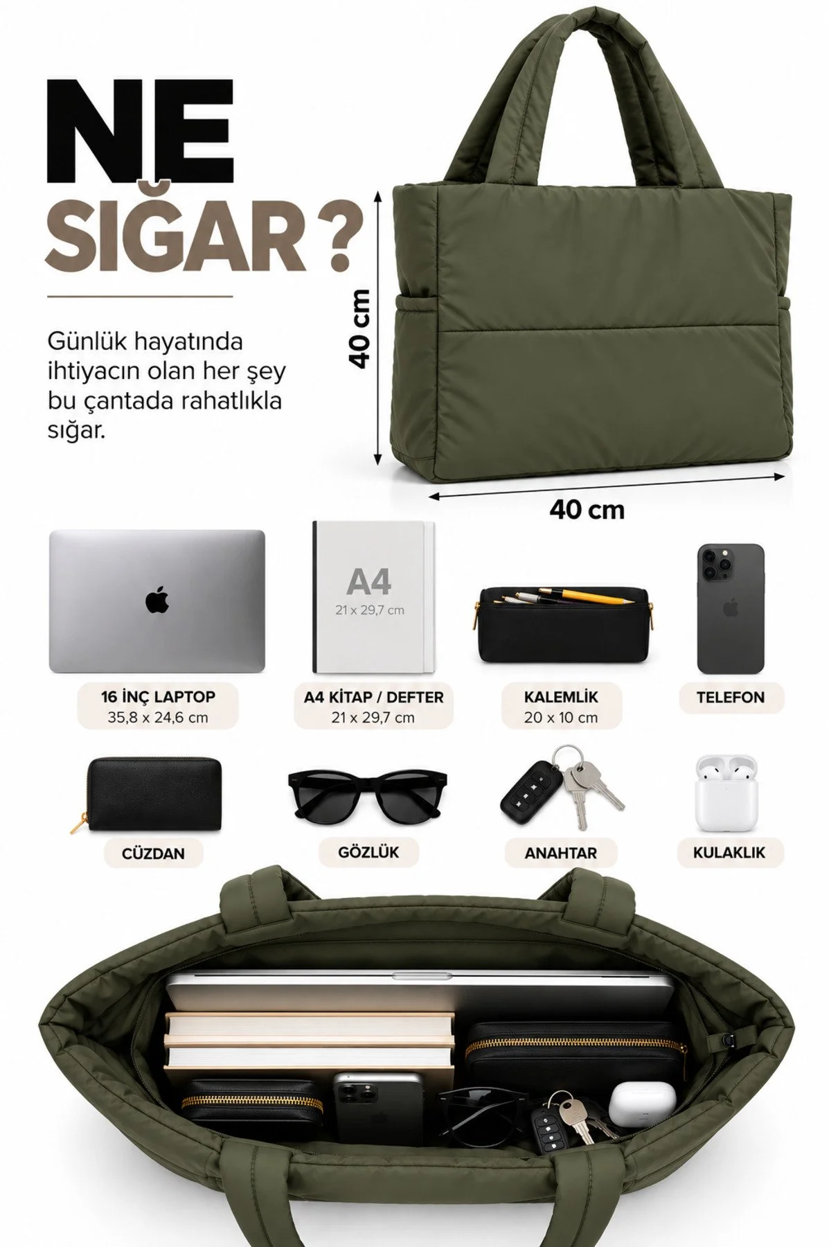 Haki Renk Kabartmalı Puf Kumaş Shopper Çanta - Görsel 6