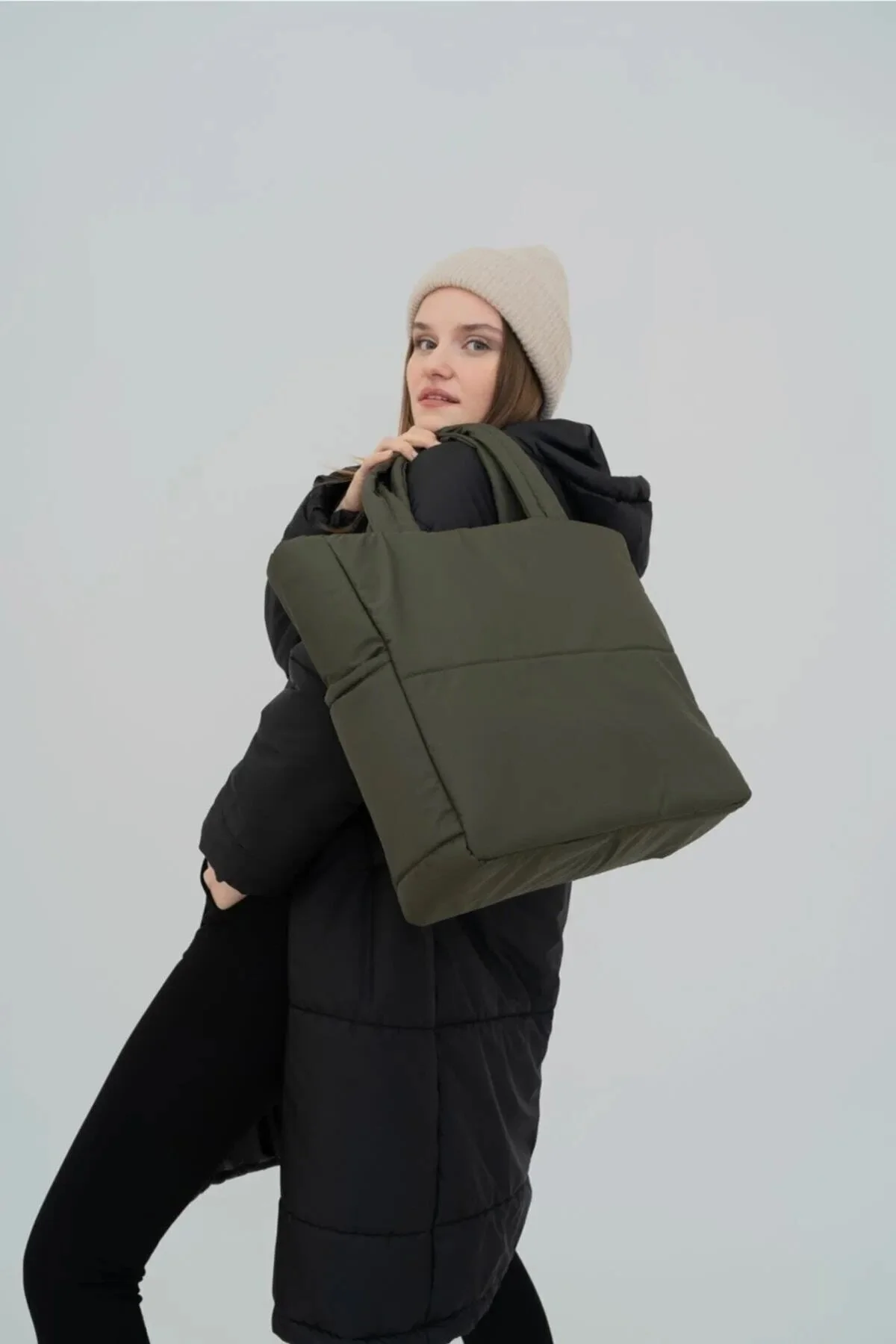 Haki Renk Kabartmalı Puf Kumaş Shopper Çanta - Görsel 7