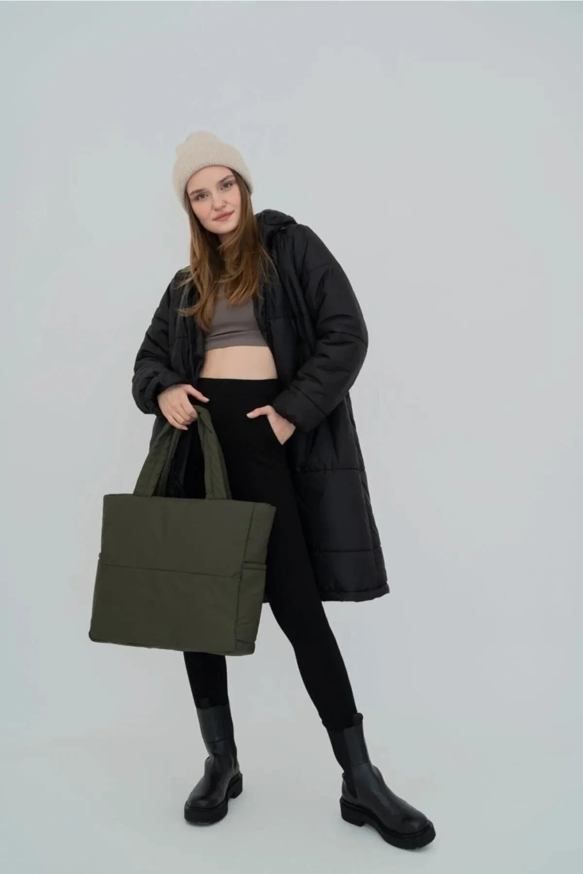 Haki Renk Kabartmalı Puf Kumaş Shopper Çanta - Görsel 8