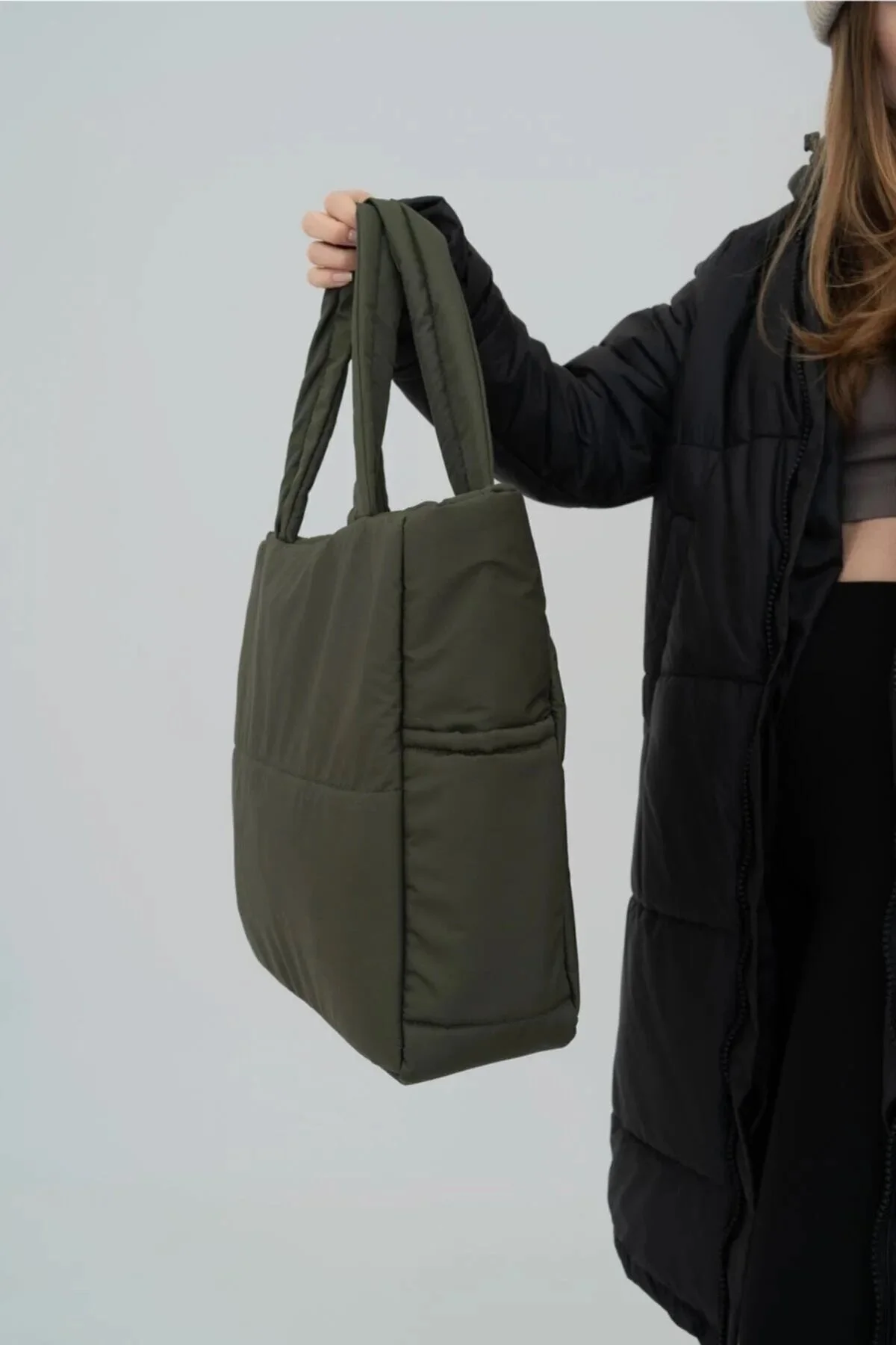 Haki Renk Kabartmalı Puf Kumaş Shopper Çanta - Görsel 9
