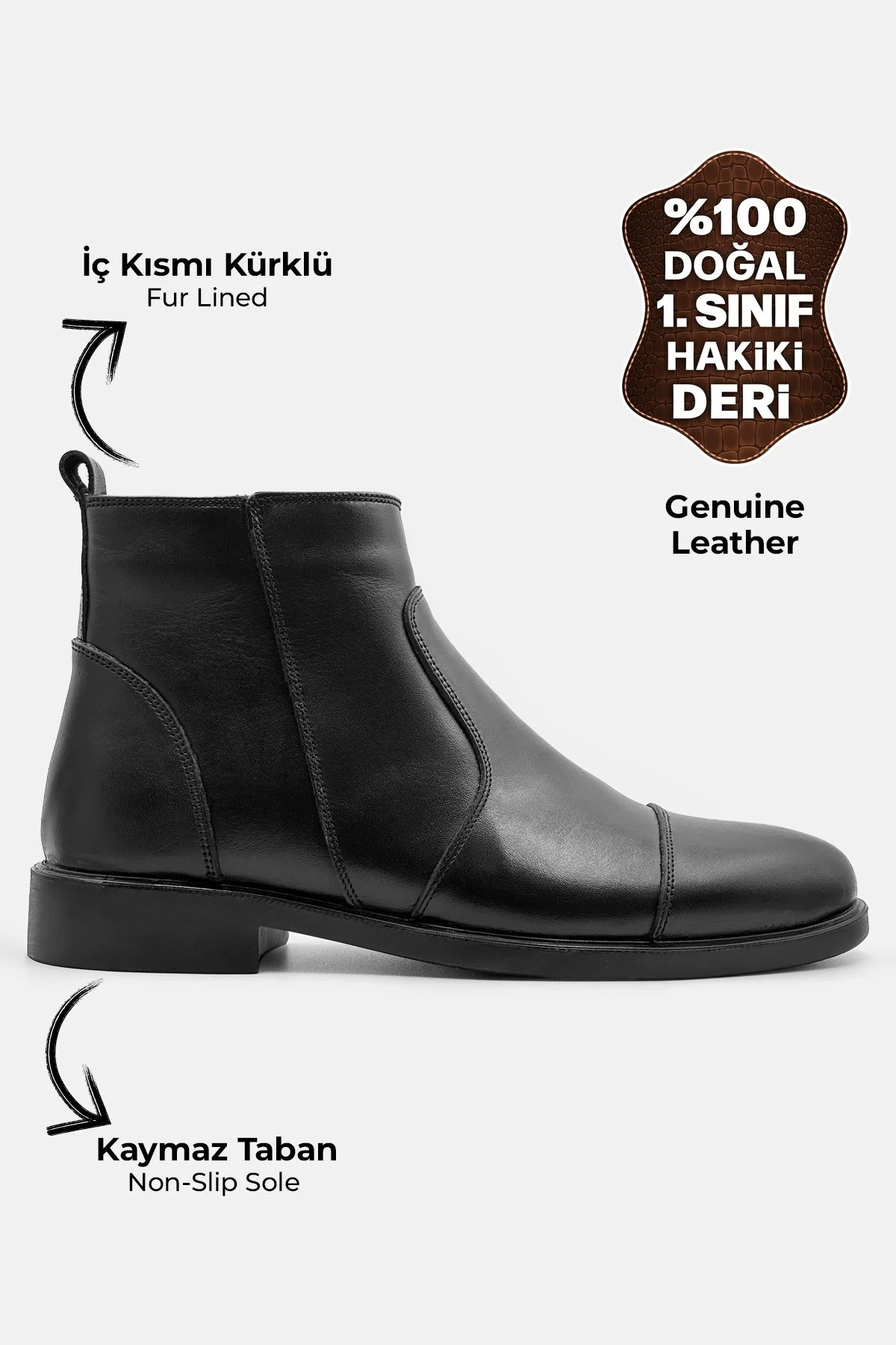 Hakiki Deri Erkek Bot İçi Kürklü Kaymaz Taban Deri Klasik Erkek Bot