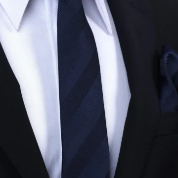 Hand Made 6 cm Slim Çizgili Desen Lacivert Renk Mendilli İnce Kravat