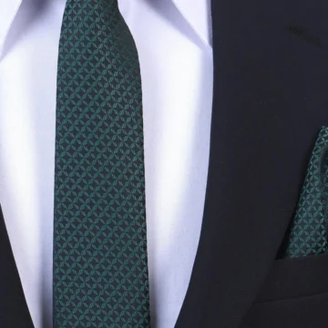 Hand Made 6 cm Slim Pötikare Desen Yeşil Renk Mendilli İnce Kravat