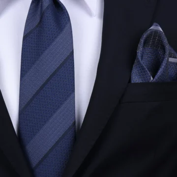 Hand Made 8 cm Çizgili Desen Lacivert Mavi Renk Mendilli Kravat