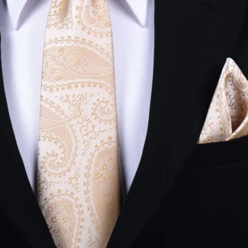 Hand Made 8 cm Şal Desen Şampanya Renk Mendilli Kravat
