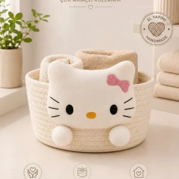 Hello Kitty Peluşlu Çok Amaçlı Hasır Sepet, Banyo Sepeti, Dekor Sepet, Havlu Sepeti