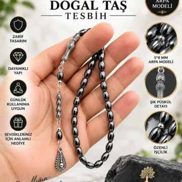 Hematit Doğal Taş Arpa Kesim Erkek Tesbih