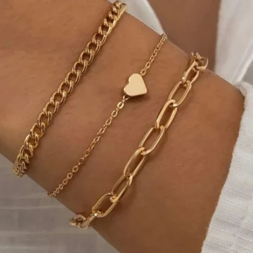 Kadın 3'Lü Kalp Detaylı Gold Kombin Bileklik Seti