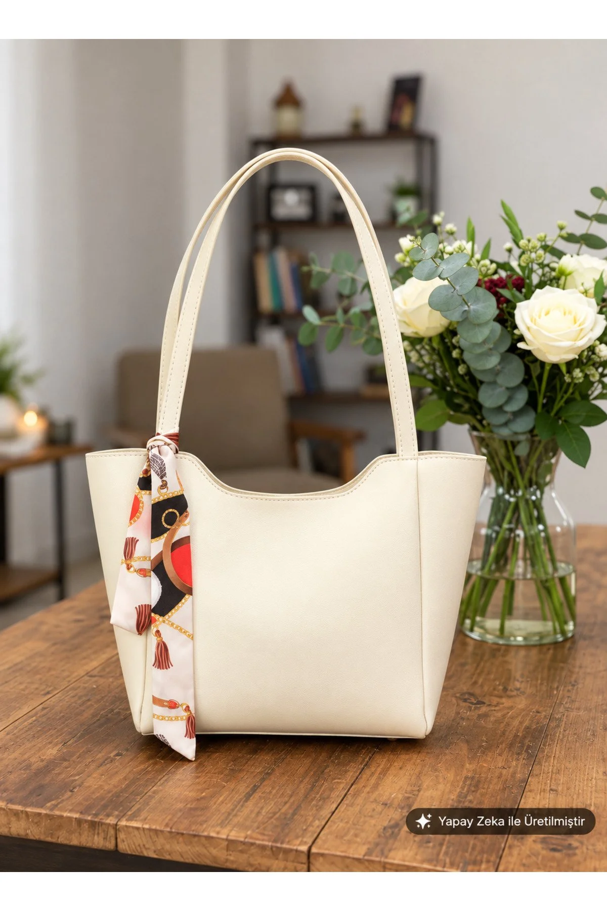 Kadın Fularlı Fermuarlı Ve Çıtçıt Kapamalı Shopper El Ve Omuz Çantası - Görsel 3