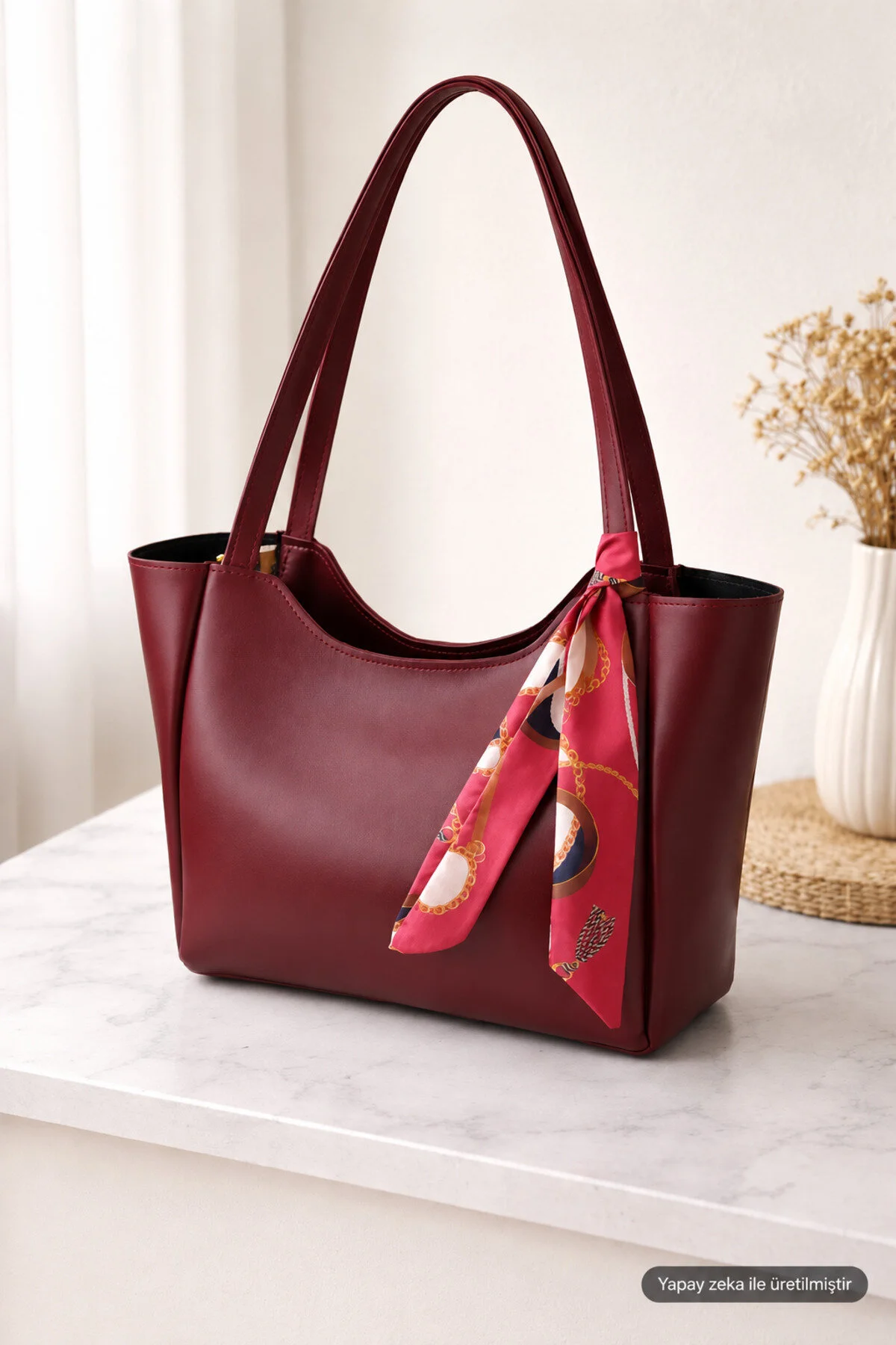 Kadın Fularlı Fermuarlı Ve Çıtçıt Kapamalı Shopper El Ve Omuz Çantası - Görsel 5
