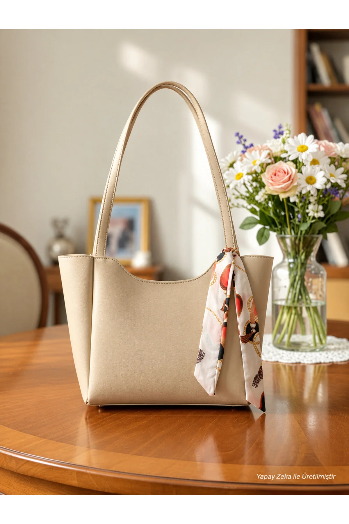 Kadın Fularlı Fermuarlı Ve Çıtçıt Kapamalı Shopper El Ve Omuz Çantası - Görsel 9