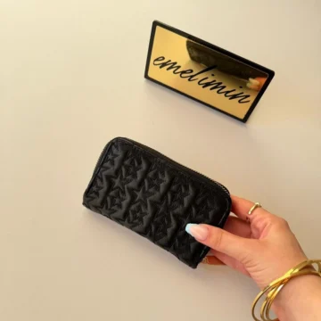 Kadın Gold Altın Yıldız Nakışlı Kapitone Fermuarlı Cüzdan Kartlık