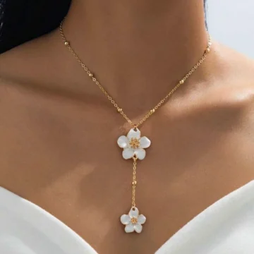 Kadın Gold Ekru Mineli Çiçek Y Model Kolye