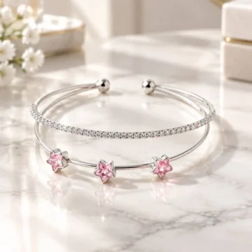 Kadın Gold Renk Pembe Zirkon Taşlı Yıldız Model Çift Sıra Kelepçe Bileklik (Kutuyla Gönderilir)