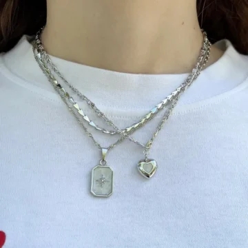 Kadın Gümüş Renk 3 Adet Mineli Kalp Zincir Kolye Seti