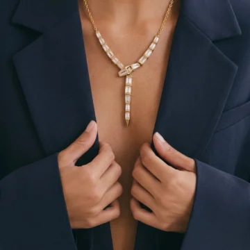 Kadın Gümüş Renk Zirkon Taşlı Baget Yılan Model Y Kolye (Kutuyla Gönderilir)