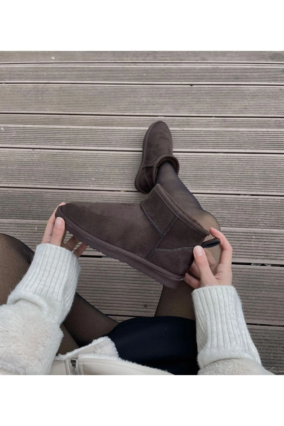 Kadın kahverengi Mini Süet Bot Içi Kürklü Kışlık Rumgayshoes - Görsel 5