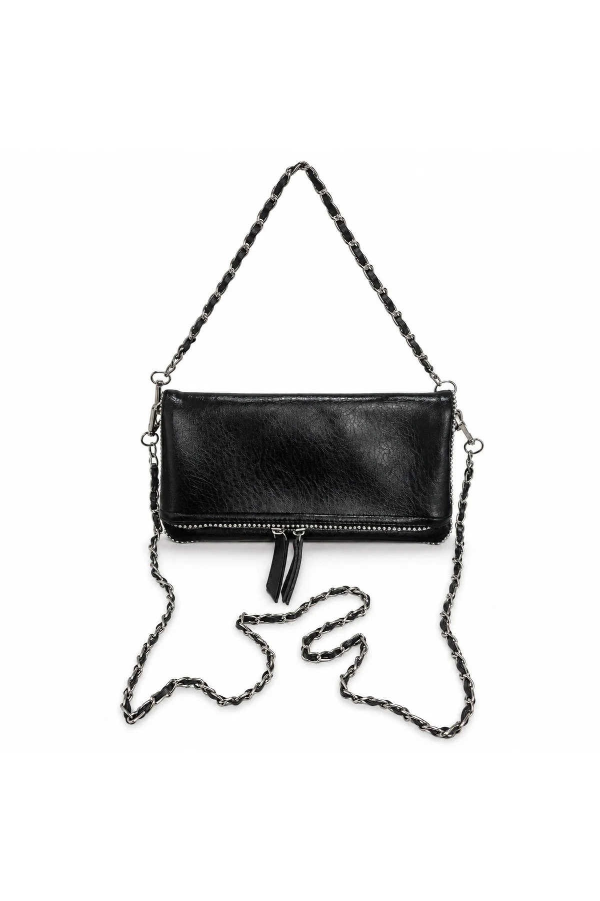 Kadın Katlanabilir Kanat Detaylı 3 Kullanımlı Omuz Çantası Çift Askılı (50 cm & 100 cm) Çapraz Çanta Portföy Çanta Çok Bölmeli Günlük Abiye Siyah 24x15 cm