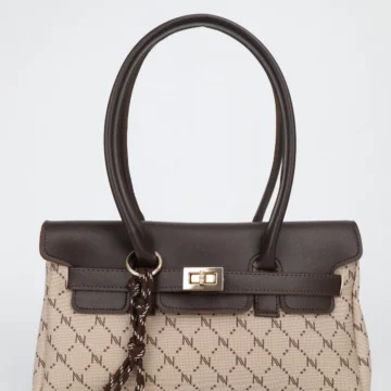 Kadın Monogram VizonKahve Deri Kemerli Charm Detaylı Kapaklı El Ve Omuz Çantası 16x30 Cm Pera