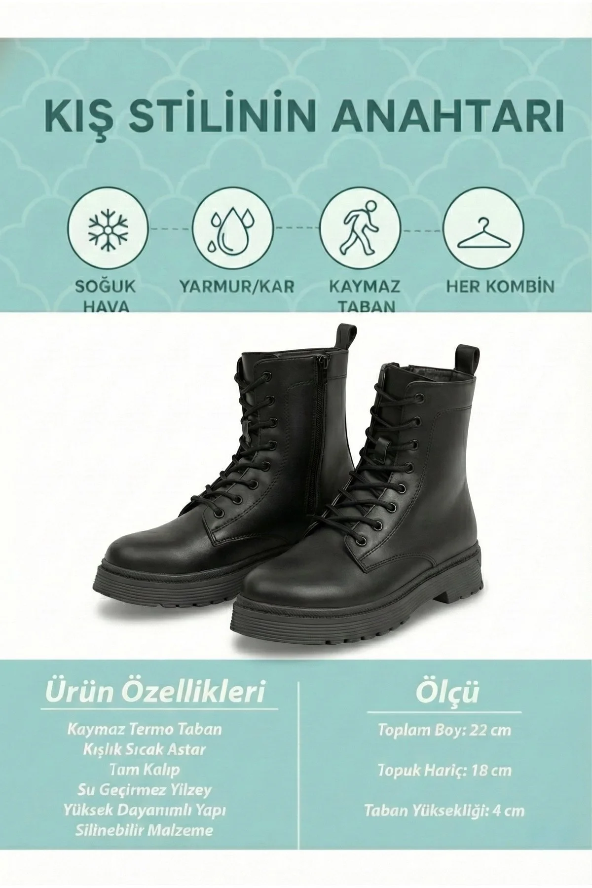 Kadın Postal Bot Kaymaz Termo Taban Suya Dayanıklı Fermuarlı Bağcıklı Tam Kalıp - Görsel 8