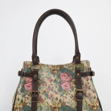 Kadın Retro Floral Desenli Tokalı Kemer Detaylı Gold Vintage Aksesuarlı El Omuz Çantası Primood